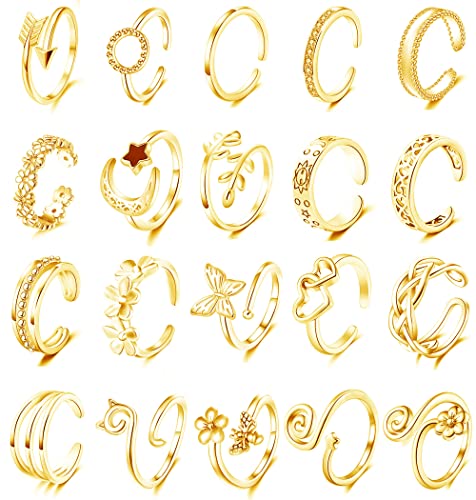 Staligue 20pcs Adjustable Toe Rings Set for Women Fingers Joint Tail Summer Beach Arrow Flower Open Rings Foot Jewelry - color: Golden