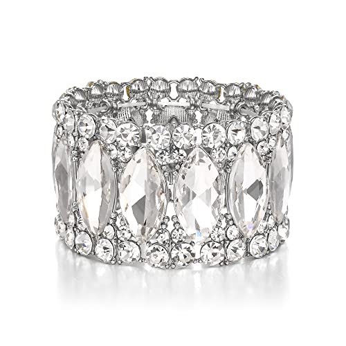 BriLove Wedding Bridal Gorgeous Crystal Stretch Bangle Bracelets for Women | Shiny Double Row Rhinestones Marquise Cluster,for Bride Bridesmaid,Prom Party Jewelry Accessories - color: 01-Clear Silver-Tone
