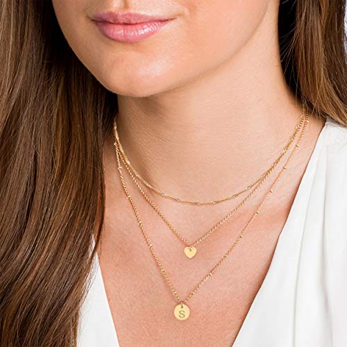Layered Initial Choker Necklaces Handmade 14K Gold Plated Dainty Heart Personalized Letter Disc Pendant Layering Gold Necklaces for Women Gift Jewelry,Valentines Day Gifts for Mom Wife Girlfriend - style: S