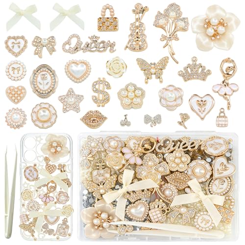 RidaaFri Junk Phone Case Kit Charms, Gold Flatback 3D Charms Set, | Big Charms with Pearls Rhinestone Gems Butterfly Bow Heart for DIY Case Craft Accessories, Phone Supplies for Women Adult - color: Gold