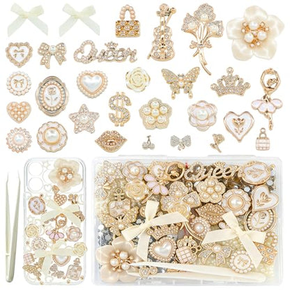 RidaaFri Junk Phone Case Kit Charms, Gold Flatback 3D Charms Set, | Big Charms with Pearls Rhinestone Gems Butterfly Bow Heart for DIY Case Craft Accessories, Phone Supplies for Women Adult - color: Gold
