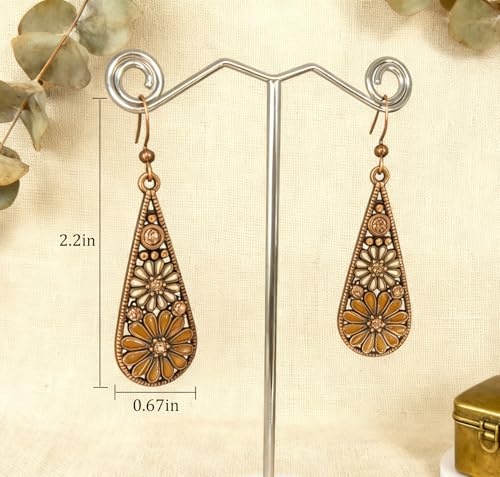 Bohemian Crystal Teardrop Dangle Earrings, Copper, Tribal Geometric Design, Handmade National Style for Women - color: Mustard Yellow