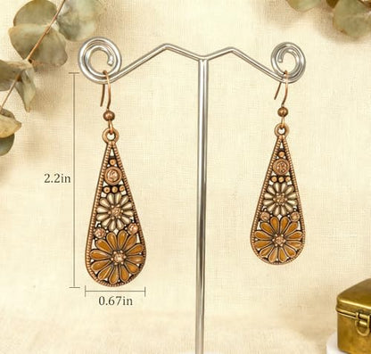 Bohemian Crystal Teardrop Dangle Earrings, Copper, Tribal Geometric Design, Handmade National Style for Women - color: Mustard Yellow