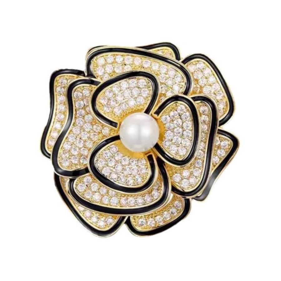 Elegant Floral Brooch Pins for Women, Crystal Pearl Rhinestone CZ Flower Lapel Pin Wedding Party Exquisite Brooches and Pins for Women Ladies - color: Gold+Black