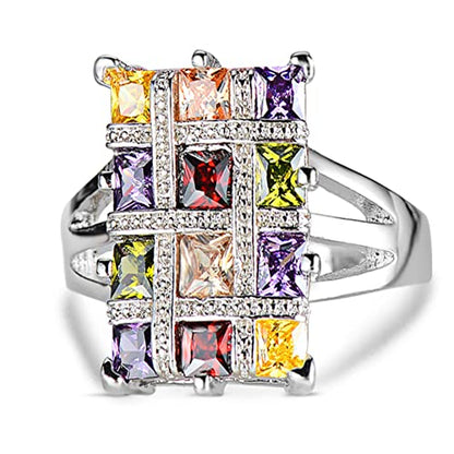 Multi Square Cubic Zrionias Crystal Ring,Platinum Plated Crystal Cocktail Party Ring for Women