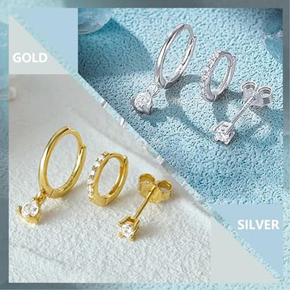 2 Pairs Gold/Silver Hoop Earrings For Women Set Trendy,14K Plated Gold Chunky Huggie Hoop Earings Pack,Oval Twisted Statement Silver Hoops,Fashion Jewelry Gift - color: B12 Stackable style 6 pair CZ set
