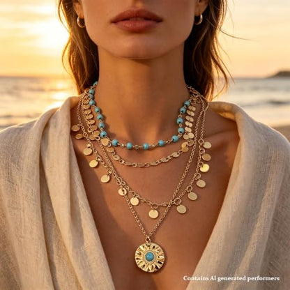 Boho Necklaces for Women, Layered Gold Coin Necklace Set, Bohemian Style Jewelry Collection, Four Piece Layered Chain Design, Gold Tone Metal Construction, Versatile Everyday Accessories - color: Gold B
