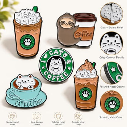 5Pcs Cute Coffee Cat Sloth Enamel Pin Set Cartoon Animal Coffee Cup Brooch Badges, Funny Lapel Pins for Backpacks, Jackets, Bags, Coffee Lover Gift - color: JH-068