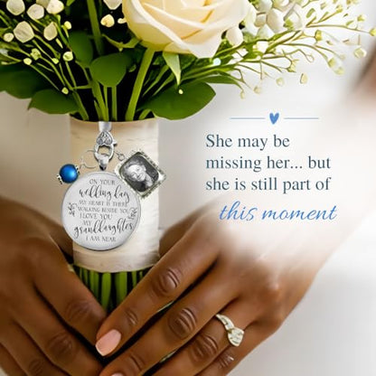 Bouquet Charm On Your Wedding Day Memorial Honoring Mom Dad Grandma Grandpa Meaningful Bridal Floral Jewelry Silver Finish Pendant Bride's Flowers Photo Frames Parent Grandparent - color: Blue Bead, style: My Granddaughter | 1 Frame