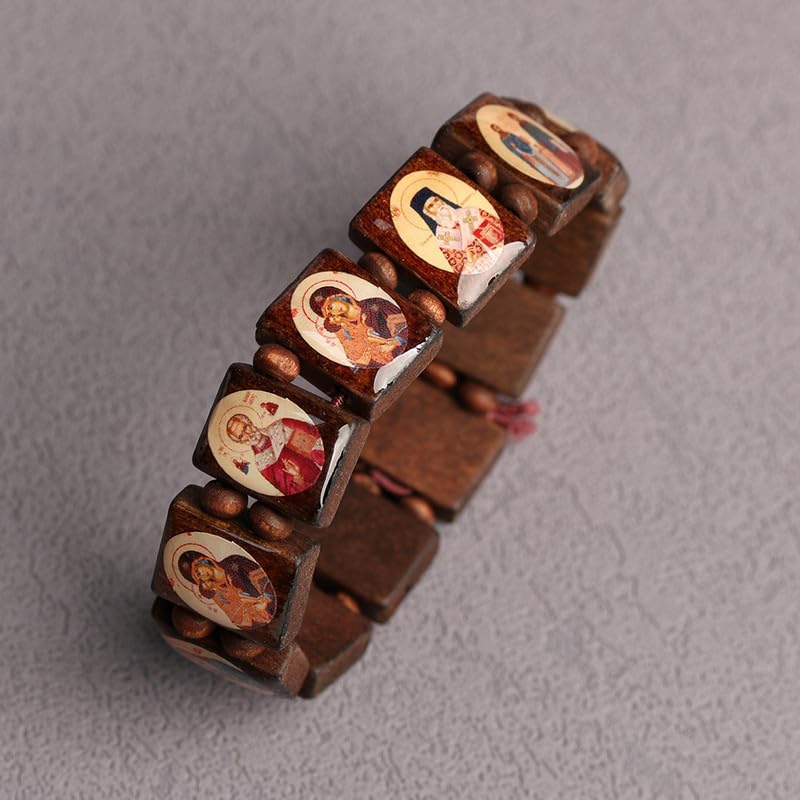 1PC Stretch Bracelet, With Black Wooden Beads & Religious Icon Charms, Orthodox Style, Wrist Accessory (Black)