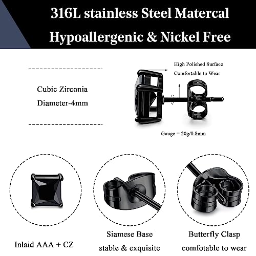 ORAZIO Black Silver Earrings for Men,Stainless Steel Cubic Zirconia Earrings 20G Mens Earrings Hypoallergenic CZ Earrings Studs Trendy Square Earring Studs Set 4-8MM - style: 2 Pairs,Cubic Zirconia Diameter:4mm