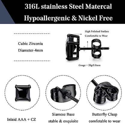 ORAZIO Black Silver Earrings for Men,Stainless Steel Cubic Zirconia Earrings 20G Mens Earrings Hypoallergenic CZ Earrings Studs Trendy Square Earring Studs Set 4-8MM - style: 2 Pairs,Cubic Zirconia Diameter:4mm