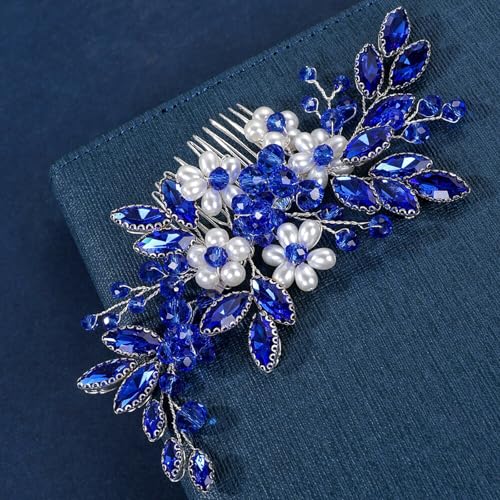Flower Leaf Design Wedding Hair Comb, Metal Bridal Hair Accessory with Rhinestone, Wedding Prom Hair Clip Headpiece for Women (Blue White Flower) - color: Blue White Flower