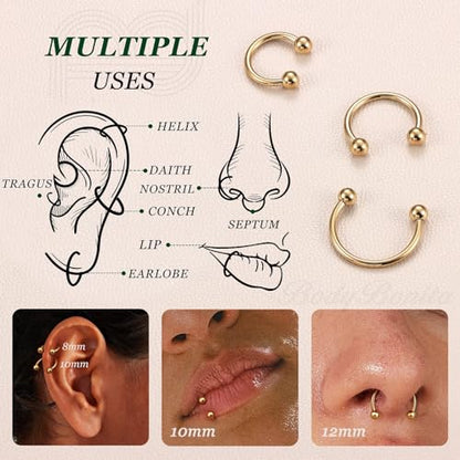 G23 Titanium 14/16/18/20G Septum Rings Horseshoe Nose Ring Jewelry | 2/3Pcs Circular Barbell Spike Lip Body Piercing Jewelry Conch Helix Tragus Earring Silver/Black 8/10/12mm 14K Gold Plated - color: Gold-3pcs, size: Balls-3pcs-16g-8/10/12mm