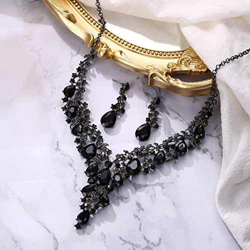 BriLove Women's Wedding Bridal Austrian Crystal Teardrop Flower Cluster Statement Necklace Dangle Earrings Jewelry Set for Party Prom - color: 2Pcs-Black Black-Tone