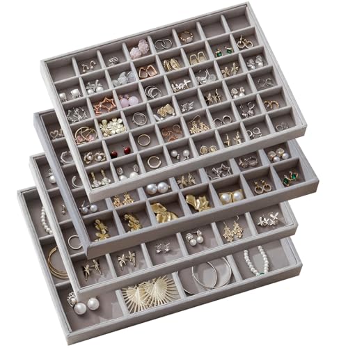 Large Jewelry Drawer Organizer Trays Set of 4, Stackable Velvet Jewelry Trays Organizer Holder Display Storage Showcase for Earring Necklace Bracelet Ring Accessary (Gray, 12+24+35+48 Grids) - color: Gray, size: 12+24+35+48 Grids