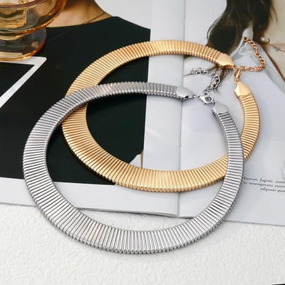 Chunky Gold Collar Choker Statement Necklace for Women Trendy | Gold Plated Layered Twist Flat Thick Snake Herringbone Chain African Torque Necklace Prom Boho Necklaces Party Jewelry Gift - style: Flat Herringbone Chain/Gold