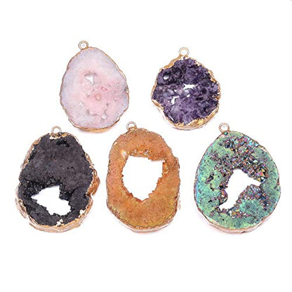 LE SKY 5 Pcs Natural Stone Pendants Irregular Gold-plated Edge Crystal Agate Stone Charms for Jewelry Making DIY Necklace 25X30-35X45mm - color: random 5 PCS