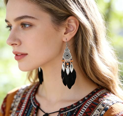 Boho Western Earrings for Women Western Feather Earrings Vintage Concho Turquoise Teardrop Dangle Earrings Country Concert Jewelry Accessories - style: Black feather
