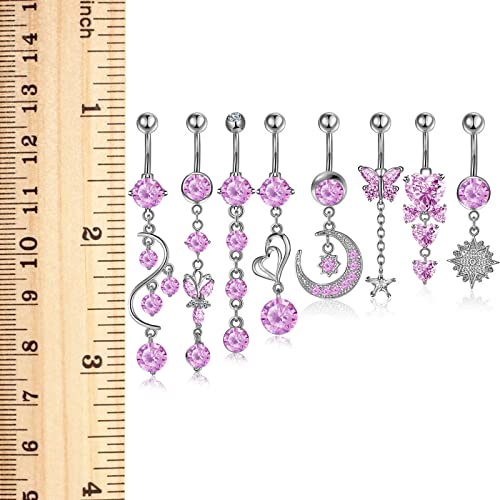 Hicarer 8 Pieces 14G Belly Button Rings Steel Long Dangle Navel Ring CZ Body Piercing Jewelry - color: silver pink