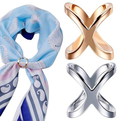2PCS(Gold+Silver) X Shaped Scarf Ring Buckle Jewelry Silk Scarf Clips Clothing Wrap Holder for T-Shirt Neckerchief Shawl