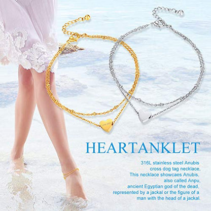 Stainless Steel Heart Ankle Bracelet for Women, Dainty Adjustable Double Layered Chain Anklets