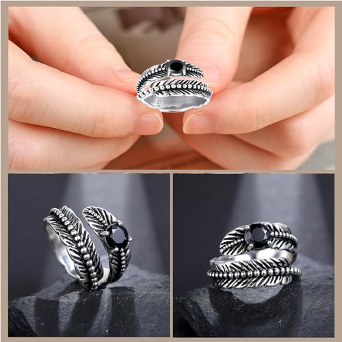 AVECON S925 Sterling Silver Turquoise/Labradorite/Just Breathe/Onyx Rings | Hypoallergenic Adjustable Open Feather Gift Women Men Thumb Spoon Statement Western Band Jewelry for Anniversary - color: Black Onyx