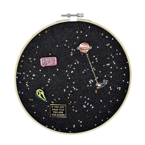 Wall Hanging Brooch Jewelry Storage Display Stand Enamel Pin Display Holder Earrings Necklace Glitter Pin Display Board with stars, Pin Collection Display, Canvas/leather Embroidery Hoop (Black) - color: Black