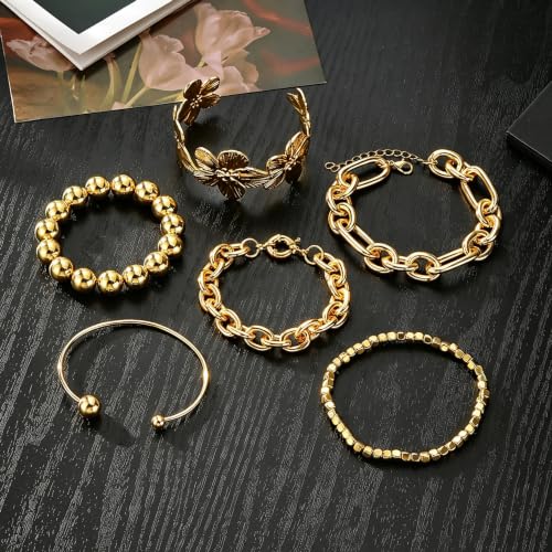 Golden Bangle Bracelets Set for Women, 14k Gold-Plated Multi Layer Stackable Cuff Bracelets, Personalized Boho Non Tarnish Adjustable Bangle Jewelry Gift for Her - color: 6PCS Gold Flower