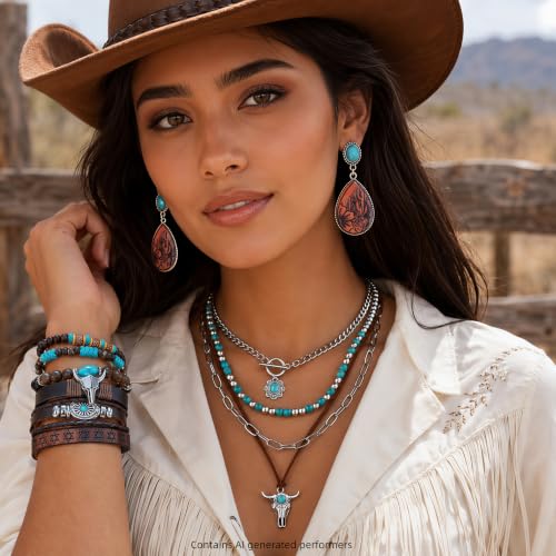 3Pcs Western Turquoise Jewelry Set Necklace Earrings Bracelet | Western Boho Style | Turquoise Beaded | Ox-Head Pendant | Layered Necklace | Faux Leather Cuff | Personalized Gift - color: Color-1