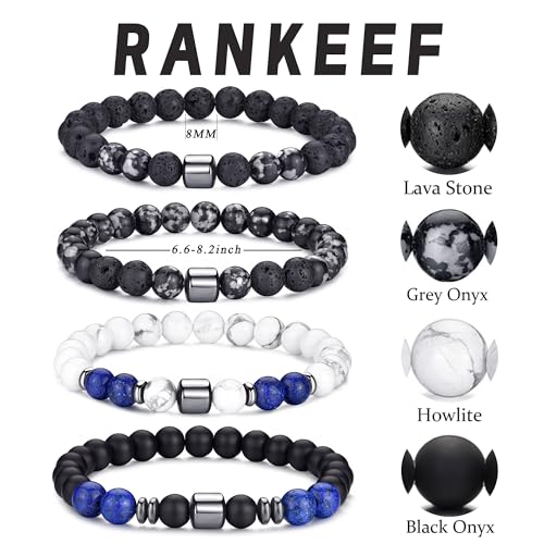 Mens Beaded Bracelets Set 8MM Tiger Eye Lava Stone Stretch Natural Stone Men's Bead Bracelet Mens Bracelet - color: 4,black,gray,lava rock,white bracelet