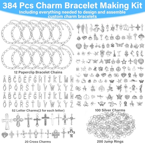 384 Pieces Silver Charm Bracelet Making Kit, Including Paperclip Chain Bracelets, Cross Charms, Jump Rings for DIY Bracelet Making