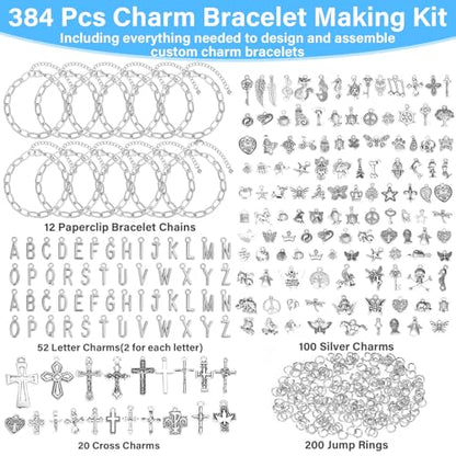 384 Pieces Silver Charm Bracelet Making Kit, Including Paperclip Chain Bracelets, Cross Charms, Jump Rings for DIY Bracelet Making