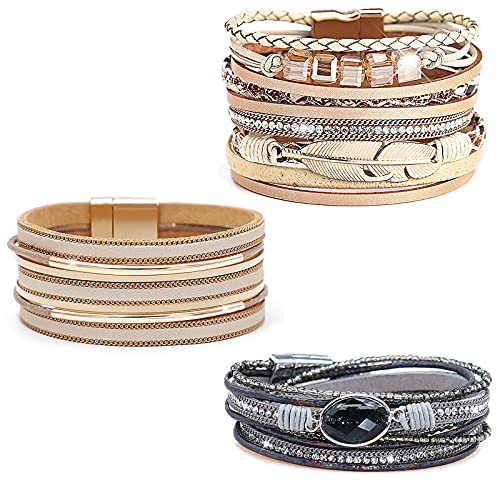 Wowanoo 3Pack Leather Cuff Bracelet Set Multilayer Wrap Bracelet Crystal Feather Tree Bracelet Magnetic Clasp Bracelet for Women - color: Khaki Brown Black