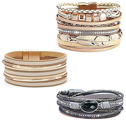 Wowanoo 3Pack Leather Cuff Bracelet Set Multilayer Wrap Bracelet Crystal Feather Tree Bracelet Magnetic Clasp Bracelet for Women - color: Khaki Brown Black