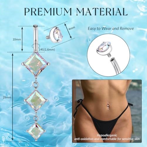 GAGABODY G23 Titanium Dangly Belly Button Ring Long Belly Rings Belly Piercing Jewelry 14G 3/8 inch 10mm Navel Barbell CZ Navel Piercing Ring - color: Style1:Silver+Dangle Square Shape Clear ABCZ