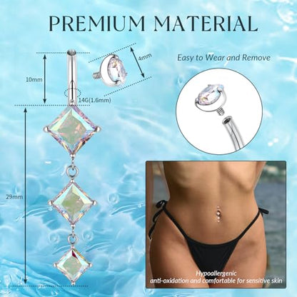 GAGABODY G23 Titanium Dangly Belly Button Ring Long Belly Rings Belly Piercing Jewelry 14G 3/8 inch 10mm Navel Barbell CZ Navel Piercing Ring - color: Style1:Silver+Dangle Square Shape Clear ABCZ