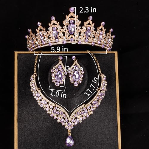 Crowns and Tiaras jewelry sets for Wedding princess birthday party Halloween Prom Pageant Jewelry for Women Crystal Bridal Jewelry Set for women - color: Gold Purple
