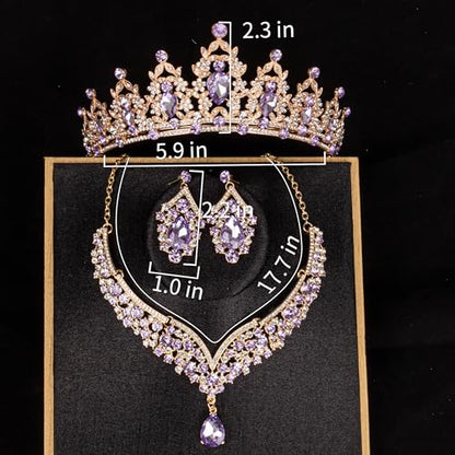 Crowns and Tiaras jewelry sets for Wedding princess birthday party Halloween Prom Pageant Jewelry for Women Crystal Bridal Jewelry Set for women - color: Gold Purple