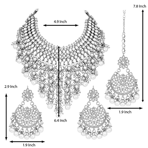 Aheli Elegant Indian Wedding Wear Faux Kundan Studded Choker Necklace with Maang Tikka Set Ethnic Fashion Jewelry for Women Maroon Kundan & Pearl Drop - color: Rhodium White