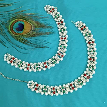 Efulgenz Indian Anklet Bracelet Bridal Crystal Faux Pearl Jhanjara Payal - color: Silver Multi