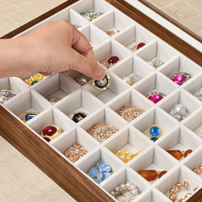 Black Walnut Wooden Jewelry Box, 40 Grid Earring Display Case for Women | Solid Wood, Earrings Organizer, Rings Stud Holder, Jewelry Tray, Glass Lid, Handcrafted, Velvet Lined, Gifts for Girls Mom - color: 40 Grids Jewelry Box