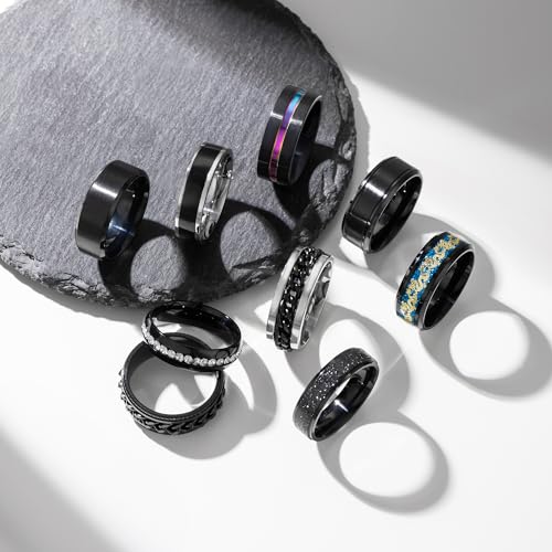 EIELO 9Pcs Stainless Steel Band Rings for Men Women Cool Fidget Spinning Chain Ring Anxiety Relief Fashion Simple Wedding Engagement Black Ring Set - color: Black