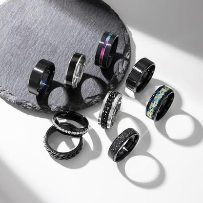 EIELO 9Pcs Stainless Steel Band Rings for Men Women Cool Fidget Spinning Chain Ring Anxiety Relief Fashion Simple Wedding Engagement Black Ring Set - color: Black