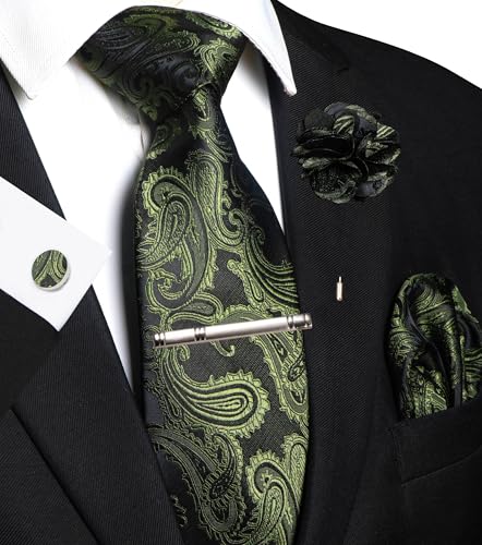 JEMYGINS Mens Paisley Tie and Pocket Square,Lapel Pin,Cufflinks,Tie Clip Sets with Gift Box 5PCS - color: Olive Green