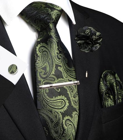 JEMYGINS Mens Paisley Tie and Pocket Square,Lapel Pin,Cufflinks,Tie Clip Sets with Gift Box 5PCS - color: Olive Green