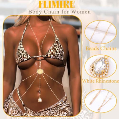 Gold Body Chain for Women Layered Rhinestone Waist Chains Summer Beaded Bra Body Jewelry Gifts - color: White
