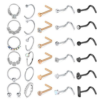 Mayhoop 20g Nose Rings Hoops And Studs For Women Men - Hypoallergenic 316L Surgical Stainless Steel L Shape Nose Screw Bone Silver Rose Gold Black Rainbow Pack 28Pcs - color: Style B(Silver+Rose gold+Black)