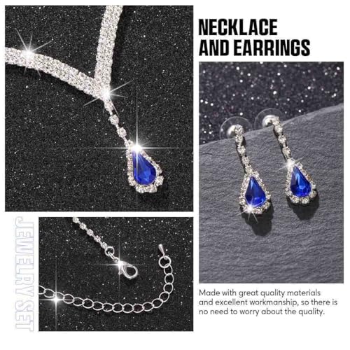 Bridal Wedding Jewelry Set Silver Rhinestone Necklace Earrings Sets Formal Costume Jewelry for Women and Brides - color: A-Blue