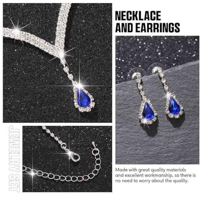 Bridal Wedding Jewelry Set Silver Rhinestone Necklace Earrings Sets Formal Costume Jewelry for Women and Brides - color: A-Blue